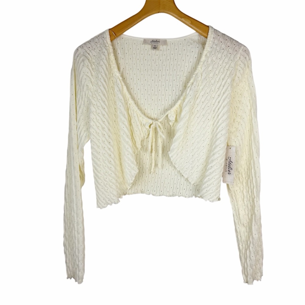 Atelier by Kirious Cream Crinkled Lightweight Tie Front Cardigan Top Medium